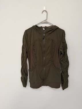 Lululemon Dance Studio Jacket Ruched Sleeves Hooded Dark Olive Green Size 10